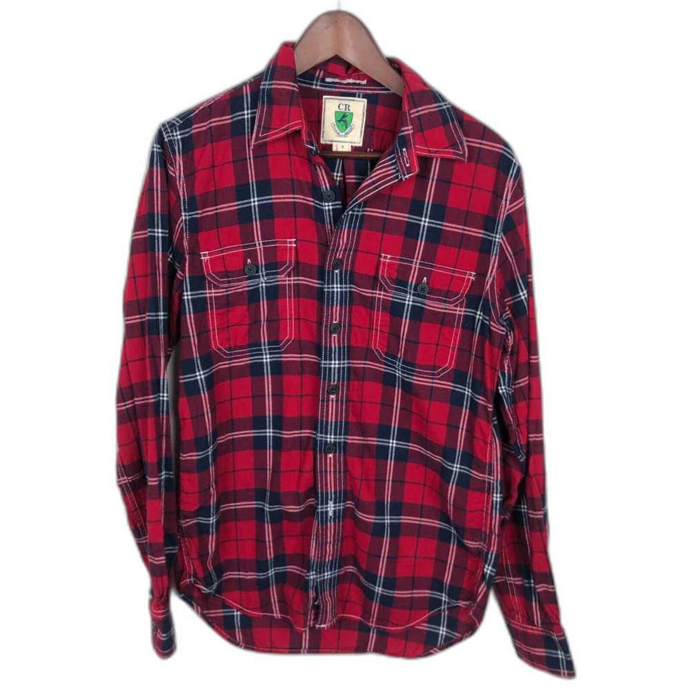 Club Room Red Navy Blue Plaid Button Down Long Sleeve Shirt Men's Small Vintage